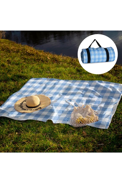 Nondress  Outdress Suya Dayanıklı Çok Amaçlı Piknik Örtüsü 150 X 150 Cm Mavi Beyaz Ekose Desen ürün görseli 1