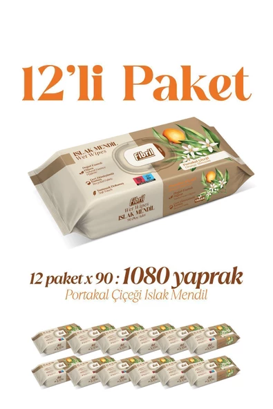 Fibril  Portakal Çiçeği Kokulu Islak Mendil 12x90 Pk 1080 Yaprak Doğal Esans , Geri Dönüştürülebilir Kumaş ürün görseli 1