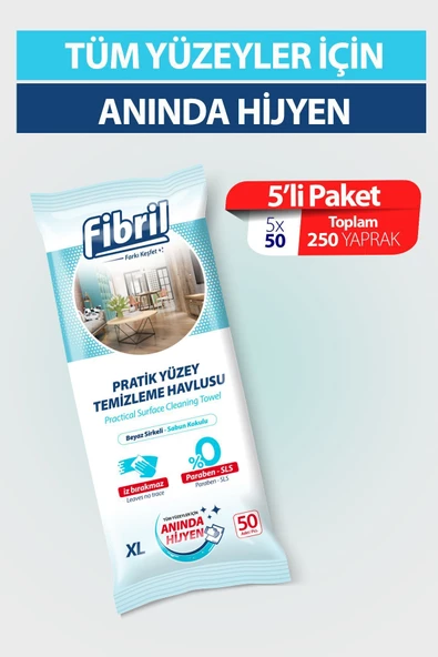 Fibril  Yeni Pratik Yüzey Temizlik Havlusu Beyaz Sirkeli Sabun Kokulu 5 X 50 (TOPLAM 250 YAPRAK) ürün görseli 1