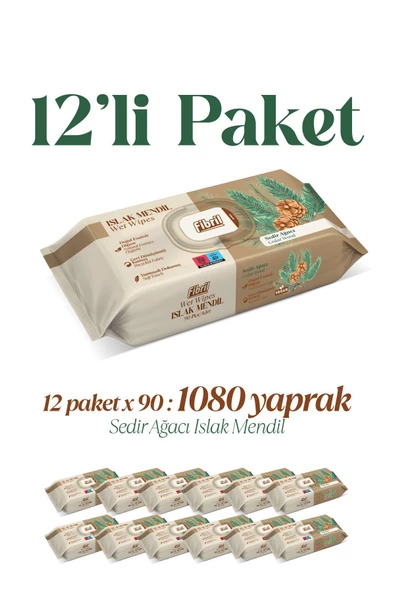 Fibril  Sedir Ağacı Kokulu Islak Mendil 12x90 lı Paket 1080Yaprak Doğal Esans , Geri Dönüştürülebilir Kumaş ürün görseli 1