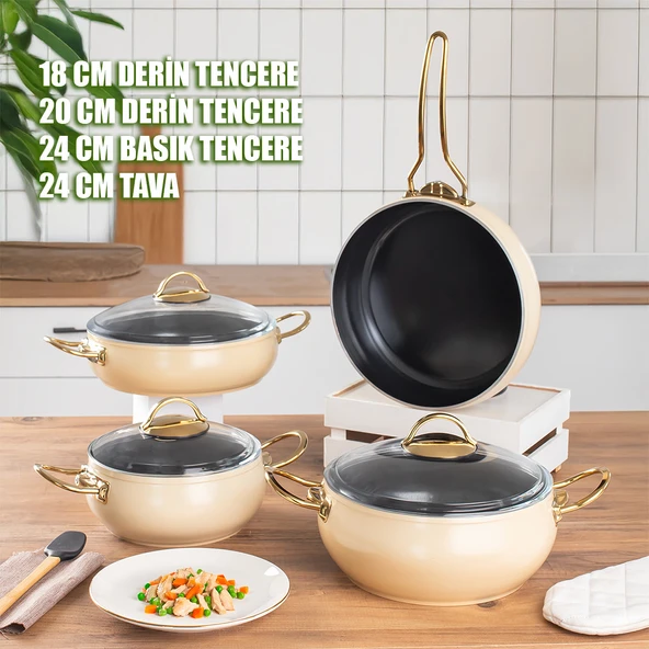 Lines L-5094-1 Yonca Güveç 7 Parça Tencere Seti - Krem Altın Kulp ürün görseli 1