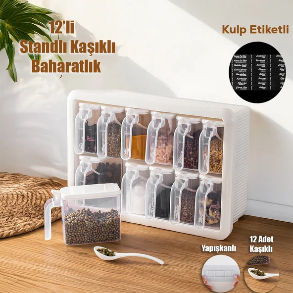 Porsima Simple 1168 Random 12'li Standlı Kendinden Yapışkanlı Kaşıklı Kapaklı Baharatlık Saklama Kabı Seti - Beyaz Beyaz ürün görseli 1
