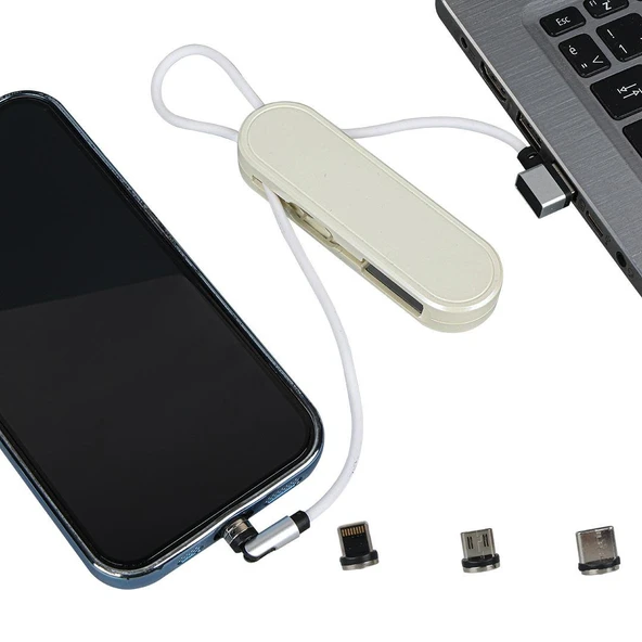 Ayt Powermaster PM-25904 Beyaz 3in1 Type C- Lightning Micro Usb Manyetik Uç Taşınabilir Şarj Data Kablosu ürün görseli 1