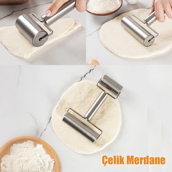 Porsima 226 Paslanmaz Çelik Pratik Rulo Pürüzsüz Oklava Pizza Börek Açma Aparatı Silindir Merdane Çift Yönlü ürün görseli 1