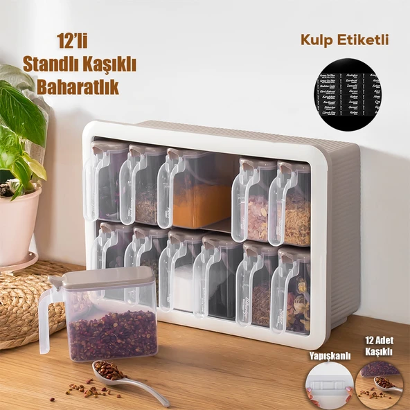 Porsima Simple 1167 Random 12'li Standlı Kendinden Yapışkanlı Kaşıklı Kapaklı Baharatlık Saklama Kabı Seti - Cappuccino Beyaz ürün görseli 1