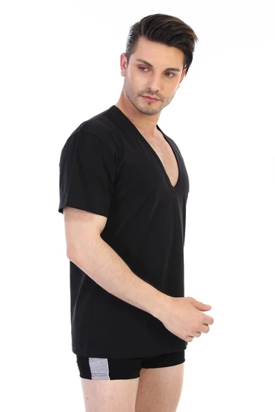 Erkek Derin V Yaka Siyah T-shirt 936 ürün görseli 1
