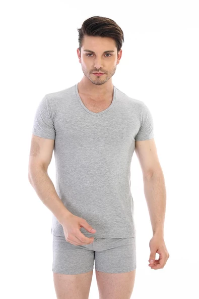 Erkek Elastanlı V Yaka Gri T-shirt 956 ürün görseli 1