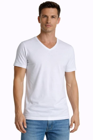 Erkek Elastanlı V Yaka Beyaz T-shirt 956 ürün görseli 1
