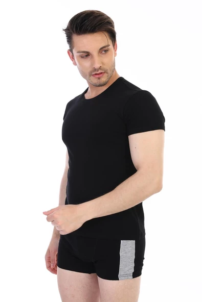 Erkek Elastanlı Siyah T-shirt 954 - Resim 5