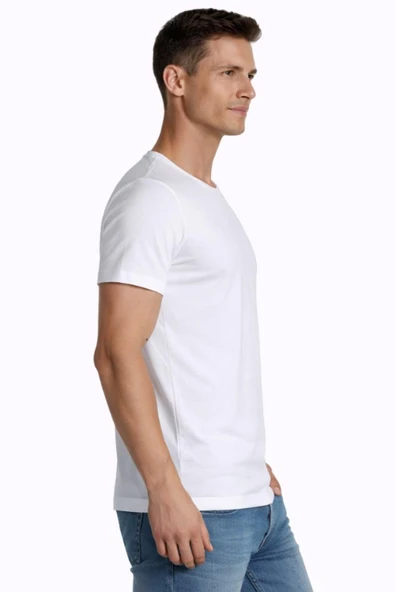 Erkek Elastanlı Beyaz T-shirt 954 - Resim 2