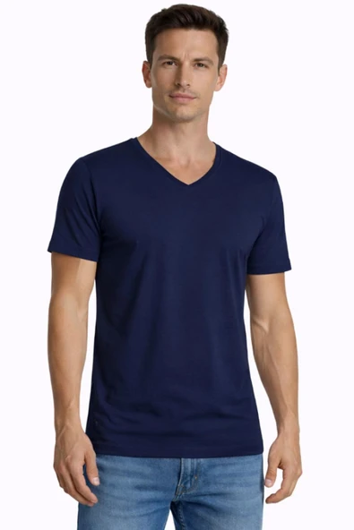 Erkek Elastanlı V Yaka Lacivert T-shirt 956 ürün görseli 1