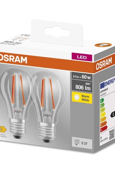Osram Led Flament  6.5W 2700K 806lm E27 Duy Sarı Işık 2'li Paket Lamba ürün görseli 1