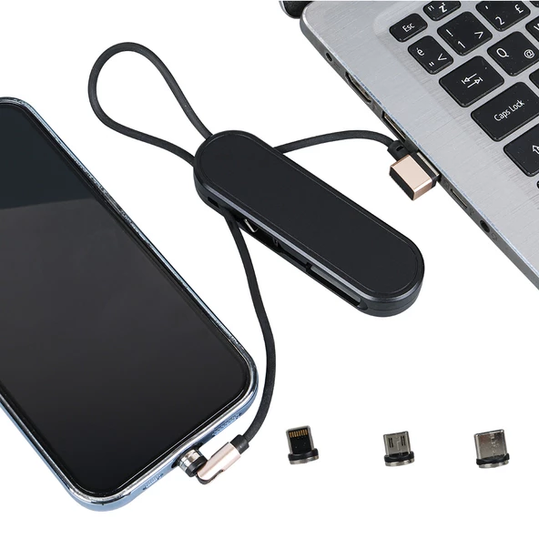 Powermaster PM-25906 Siyah 3İn1  (Type C- Lightning- Micro Usb) Manyetik Uç Taşınabilir Şarj Kablosu ürün görseli 1