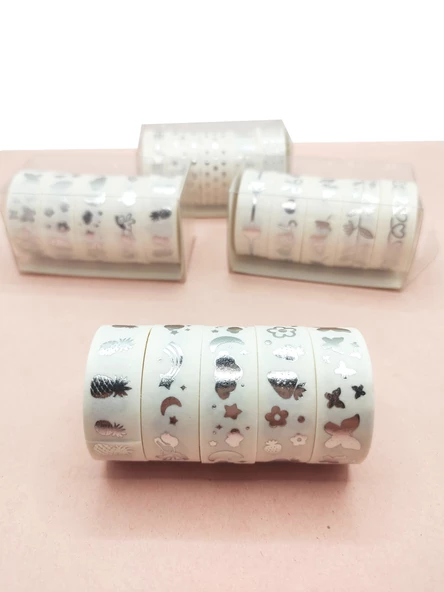 Gümüş Yaldızlı Vintage Washi Tape Bant Yapışkanlı Maskeleme Kağıdı 5 li - Kelebek Ananas ürün görseli 1