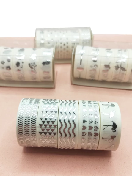 Gümüş Yaldızlı Vintage Washi Tape Bant Yapışkanlı Maskeleme Kağıdı 5 li - Flamingo ürün görseli 1