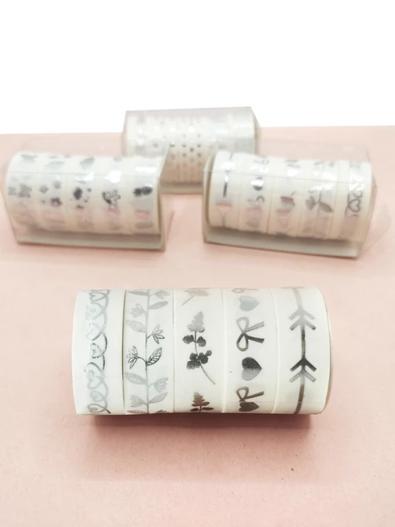 Gümüş Yaldızlı Vintage Washi Tape Bant Yapışkanlı Maskeleme Kağıdı 5 lı - Kalp Çiçek ürün görseli 1