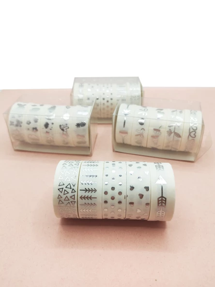 Gümüş Yaldızlı Vintage Washi Tape Bant Yapışkanlı Maskeleme Kağıdı 5 li - Üçgen Kalp Ok ürün görseli 1