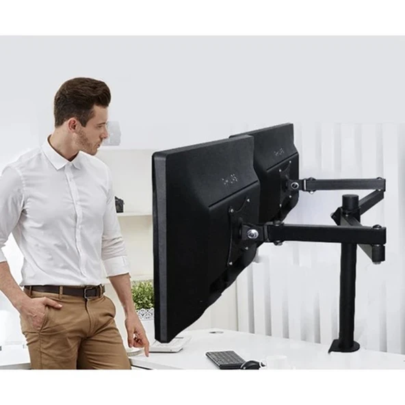 Monozone 2li Çift Kol Monitör Tutucu Led Tv Full Hareketli Çelik Masa Tutucu 17-32inç LCD Masaüstü Standı Desteği ürün görseli 1