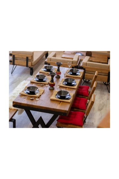 NT Concept Ntconcept Masif Ağaç Yemek Masası Takımı- 85cm-125cm Masa+125cm Bank+2 Adet Loft Sandalye ürün görseli 1