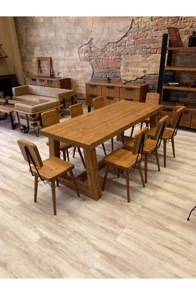 NTCollection Ntconcept Farmhouse Doğal Ahşap Masif Yemek Masası 80x200cm 6 Adet Sandalye ürün görseli 1