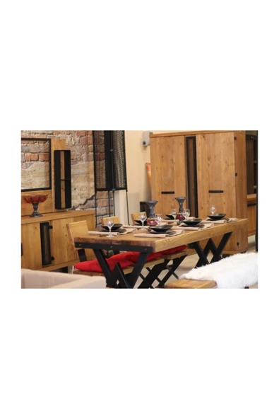 NT Concept Ntconcept Masif Ağaç Yemek Masası Takımı - 85cm-150cm Masa + 150cm Bank + 4 Adet Loft Sandalye ürün görseli 1