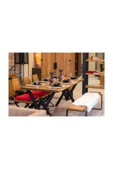 NT Concept Ntconcept Masif Ağaç Yemek Masası Takımı- 85cm-185cm Masa+185cm Bank+5 Adet Loft Sandalye ürün görseli 1