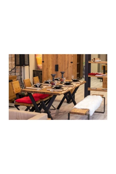 NT Concept Ntconcept Masif Ağaç Yemek Masası Takımı - 85cm-125cm Masa+125cm Bank+4 Adet Loft Sandalye ürün görseli 1