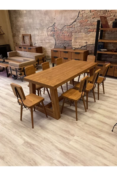 NTCollection Ntconcept Farmhouse Doğal Ahşap Masif Yemek Masa Takımı 100x200cm 6 Adet Sandalye ürün görseli 1