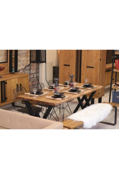 NT Concept Ntconcept Masif Ağaç Yemek Masası Takımı- 85cm-185cm Masa+185cm Bank+3 Adet Sandalye ürün görseli 1