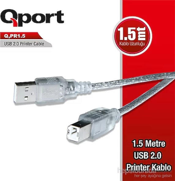 QPORT Q-PR1.5  1.5M YAZICI KABLOSU 1.5 METRE USB 2.0V ŞEFFAF PRİNTER KABLO ürün görseli 1