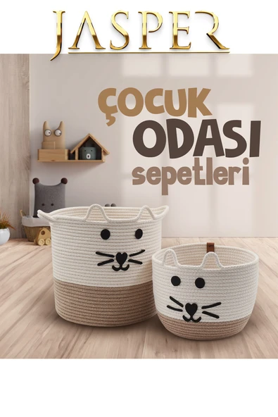 Jasper Bej İkili Jüt İp Kedi Tasarımlı Çok Amaçlı Çocuk Odası Oyuncak Kıyafet Kirli Sepeti Organizer ürün görseli 1