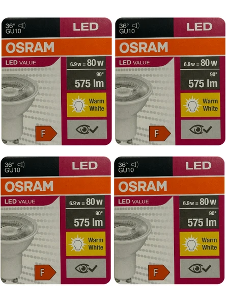 (4 Adet) Osram 6.9W (80W) 2700K (Sarı Işık) GU10 Duylu Led Spot Ampul ürün görseli 1