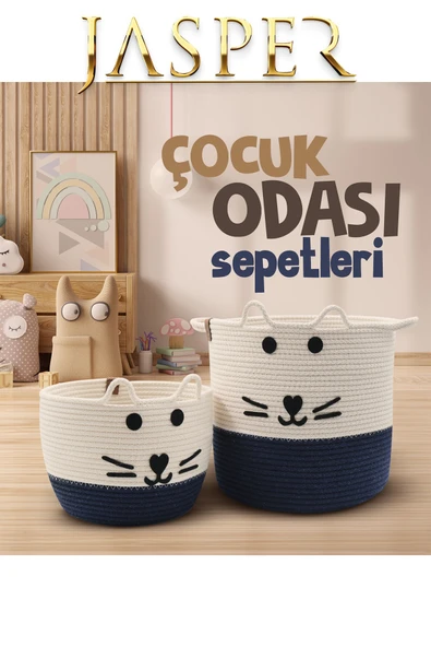 Jasper Lacivert İkili Jüt İp Kedi Tasarımlı Çok Amaçlı Çocuk Odası Oyuncak Kirli Sepeti Organizer ürün görseli 1