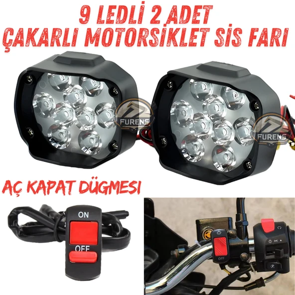 2 Adet 9 Ledli Motosiklet Scooter Uyumlu Led Sis Farı Çakar Ve Sabit Mod Açma Kapatma Tuşlu ubs siz ürün görseli 1