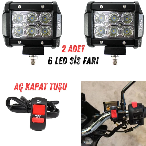 2 Adet 6 Ledli Motosiklet Off Road Scooter Uyumlu Led Sis Farı Açma Kapatma Tuşlu ürün görseli 1