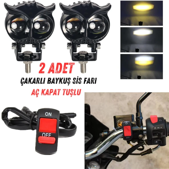Baykuş Sis Farı Sarı-Beyaz Motosiklet Sis Farı Otomobil Atv Utv Off Road Uyumlu 2 Adet Aç Kapat Tuşlu ürün görseli 1