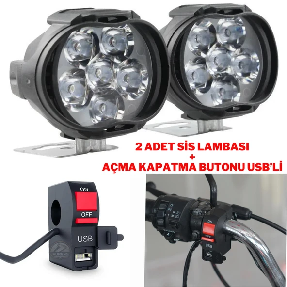 2 Adet 6 Ledli Motosiklet Scooter Uyumlu Led Sis Farı Çakar Ve Sabit Mod Açma Kapatma Tuşlu ürün görseli 1