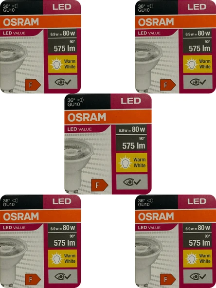 (5 Adet) Osram 6.9W (80W) 2700K (Sarı Işık) GU10 Duylu Led Spot Ampul ürün görseli 1