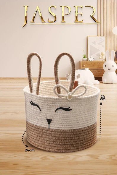 Jasper Bej Tekli Jüt İp Tavşan Tasarımlı Çok Amaçlı Çocuk Odası Oyuncak Kirli Sepeti Organizer 24x24 ürün görseli 1