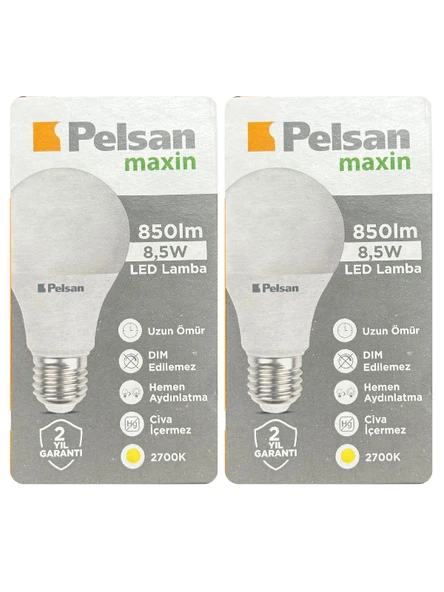 (2 Adet) Pelsan 8,5W 2700K (Sarı Işık) E27 Duylu (Kalın Duy) Led Ampul ürün görseli 1