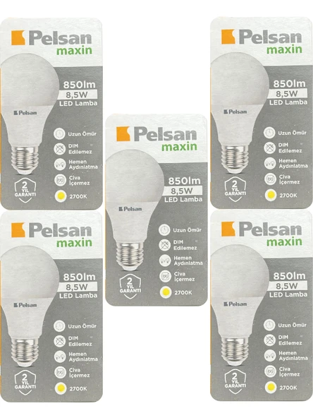 (5 Adet) Pelsan 8,5W 2700K (Sarı Işık) E27 Duylu (Kalın Duy) Led Ampul ürün görseli 1