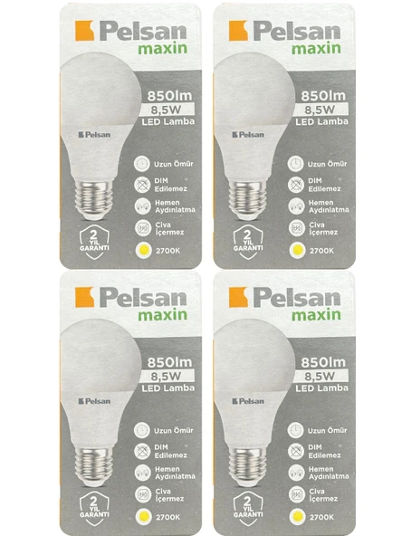 (4 Adet) Pelsan 8,5W 2700K (Sarı Işık) E27 Duylu (Kalın Duy) Led Ampul ürün görseli 1