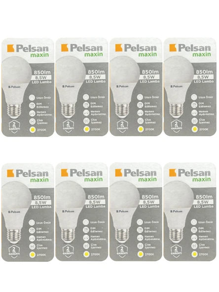 (8 Adet) Pelsan 8,5W 2700K (Sarı Işık) E27 Duylu (Kalın Duy) Led Ampul ürün görseli 1