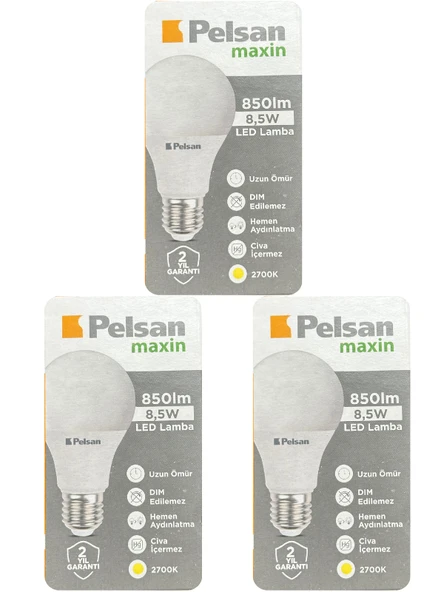 (3 Adet) Pelsan 8,5W 2700K (Sarı Işık) E27 Duylu (Kalın Duy) Led Ampul ürün görseli 1