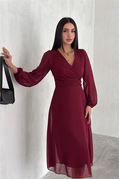Dipmoda kadın bordo astarlı şifon elbise DPK30281 ürün görseli 1