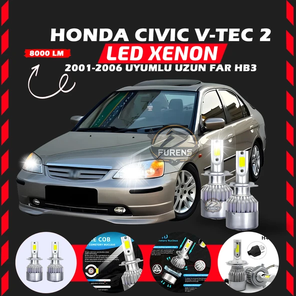 Honda Civic V-TEC 2 2001-2006 Uzun Far Uyumlu Şimşek Etkili Led Xenon Performance Series HB3 ürün görseli 1