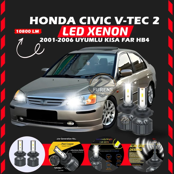 Honda Civic V-TEC 2 2001-2006 Kısa Far Uyumlu Şimşek Etkili Led Xenon Premium Series HB4 ürün görseli 1