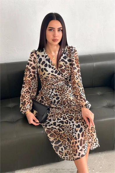 Dipmoda kadın leopar desenli şifon elbise DPK3044 ürün görseli 1