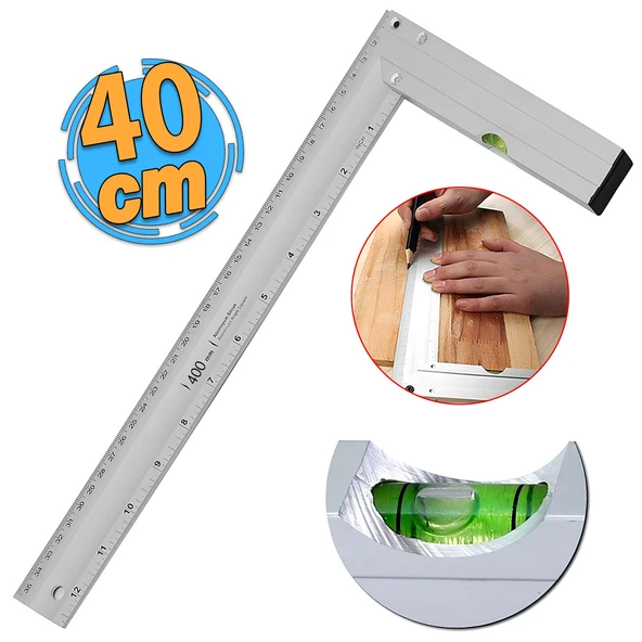 Alüminyum L Gönye Su Terazili Cetvel Ölçme Ölçüm Kaynak Kaynakçı Marangoz Gönyesi 400 mm 40 cm ürün görseli 1