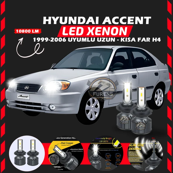 Hyundai Accent Admira 1999-2006 Uzun-Kısa Far Uyumlu Şimşek Etkili Led Xenon Premium Series H4 ürün görseli 1